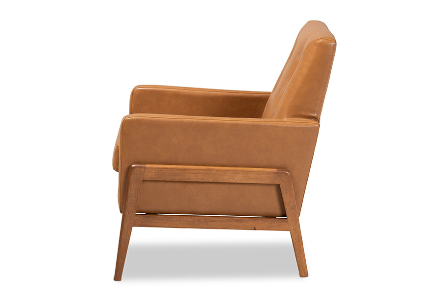 Perris Mid-Century Modern Tan Faux Leather Upholstered and Walnut Brown Finished Wood Lounge Chair
