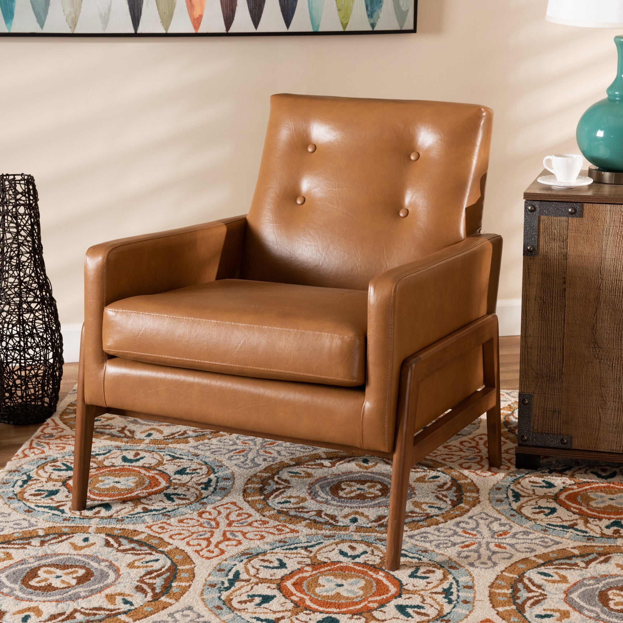 Perris Mid-Century Modern Tan Faux Leather Upholstered and Walnut Brown Finished Wood Lounge Chair