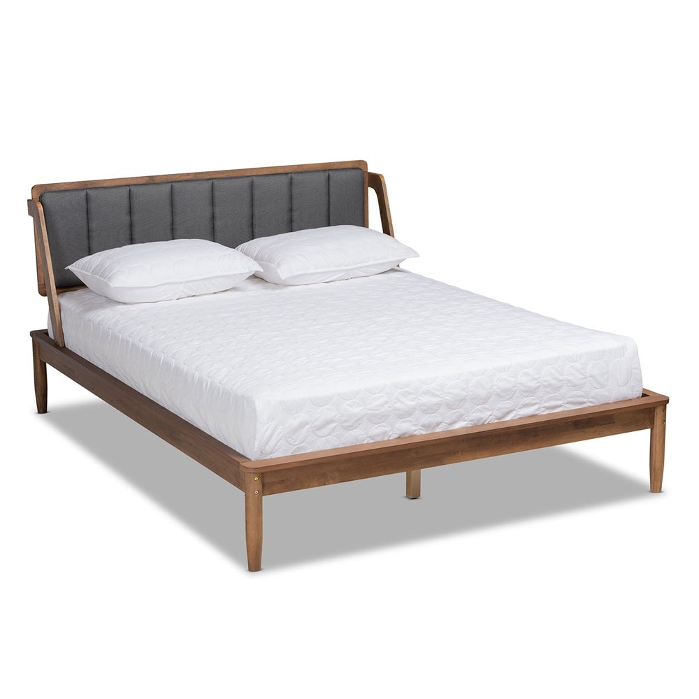 Helsa Queen Bed Dark Grey Fabric Walnut Finish Mid-Century Style