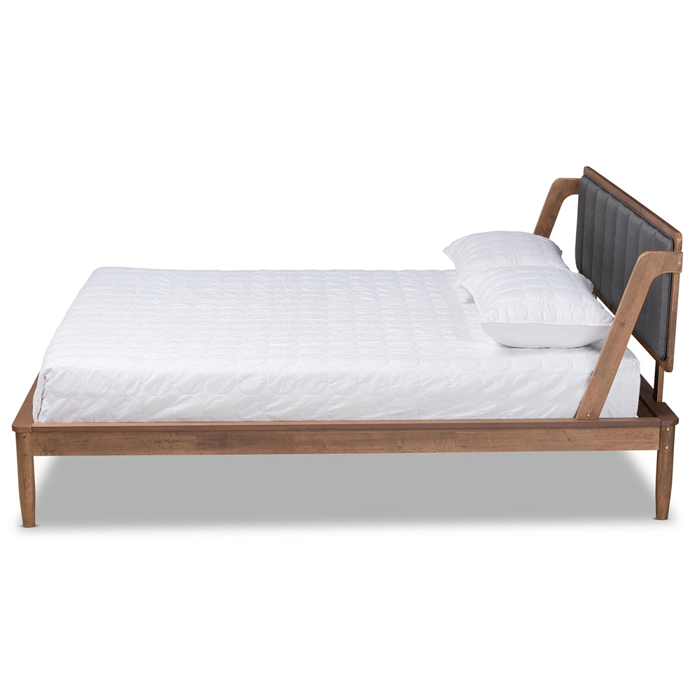 Helsa Queen Bed Dark Grey Fabric Walnut Finish Mid-Century Style