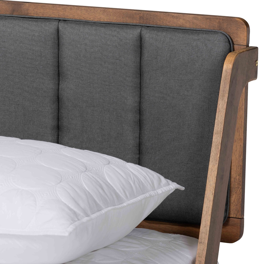 Helsa Queen Bed Dark Grey Fabric Walnut Finish Mid-Century Style