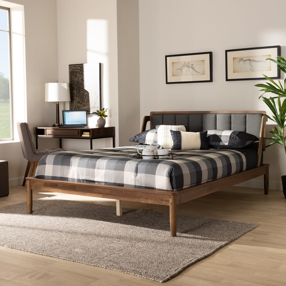 Helsa Queen Bed Dark Grey Fabric Walnut Finish Mid-Century Style