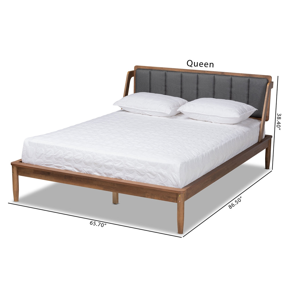 Helsa Queen Bed Dark Grey Fabric Walnut Finish Mid-Century Style