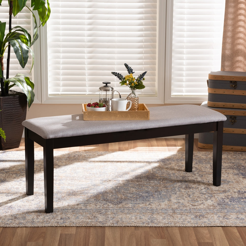 Teresa Modern and Contemporary Transitional Grey Fabric Upholstered and Dark Brown Finished Wood Dining Bench