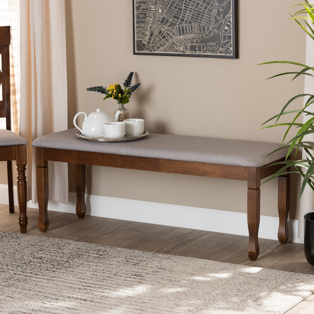 Corey Modern and Contemporary Grey Fabric Upholstered and Walnut Brown Finished Wood Dining Bench
