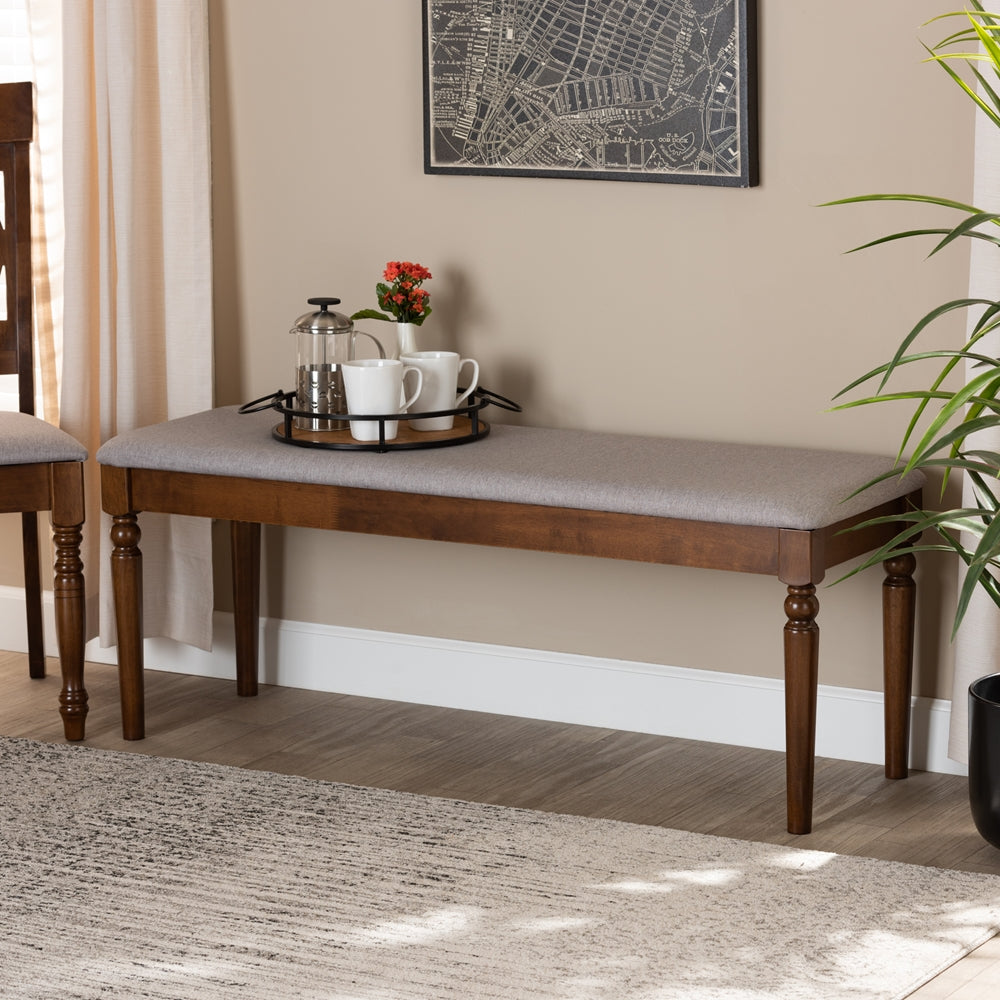 Giovanni Modern and Contemporary Grey Fabric Upholstered and Walnut Brown Finished Wood Dining Bench