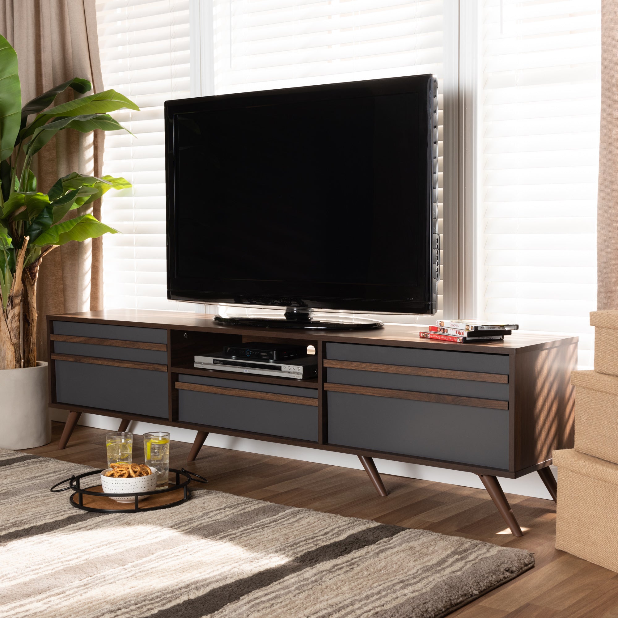 Naoki Modern and Contemporary Two-Tone Grey and Walnut Finished Wood TV Stand with Drop-Down Compartments