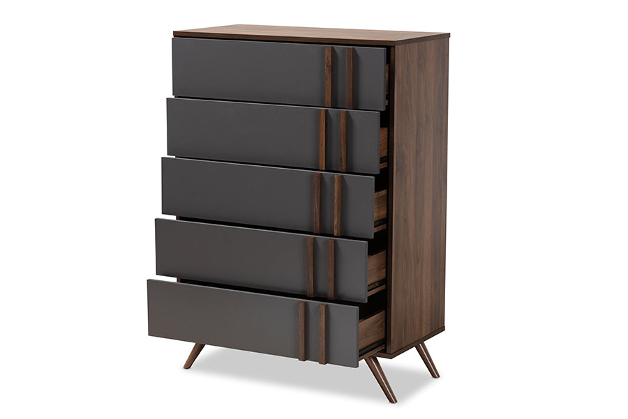 Naoki Modern and Contemporary Two-Tone Grey and Walnut Finished Wood 5-Drawer Bedroom Chest