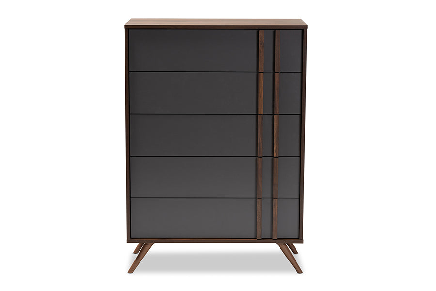 Naoki Modern and Contemporary Two-Tone Grey and Walnut Finished Wood 5-Drawer Bedroom Chest