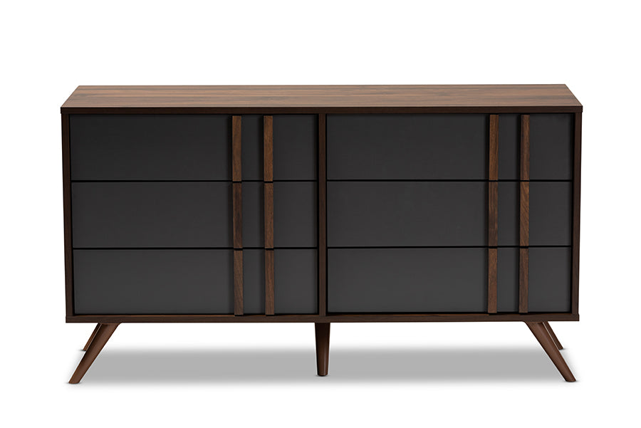 Naoki Modern and Contemporary Two-Tone Grey and Walnut Finished Wood 6-Drawer Bedroom Dresser