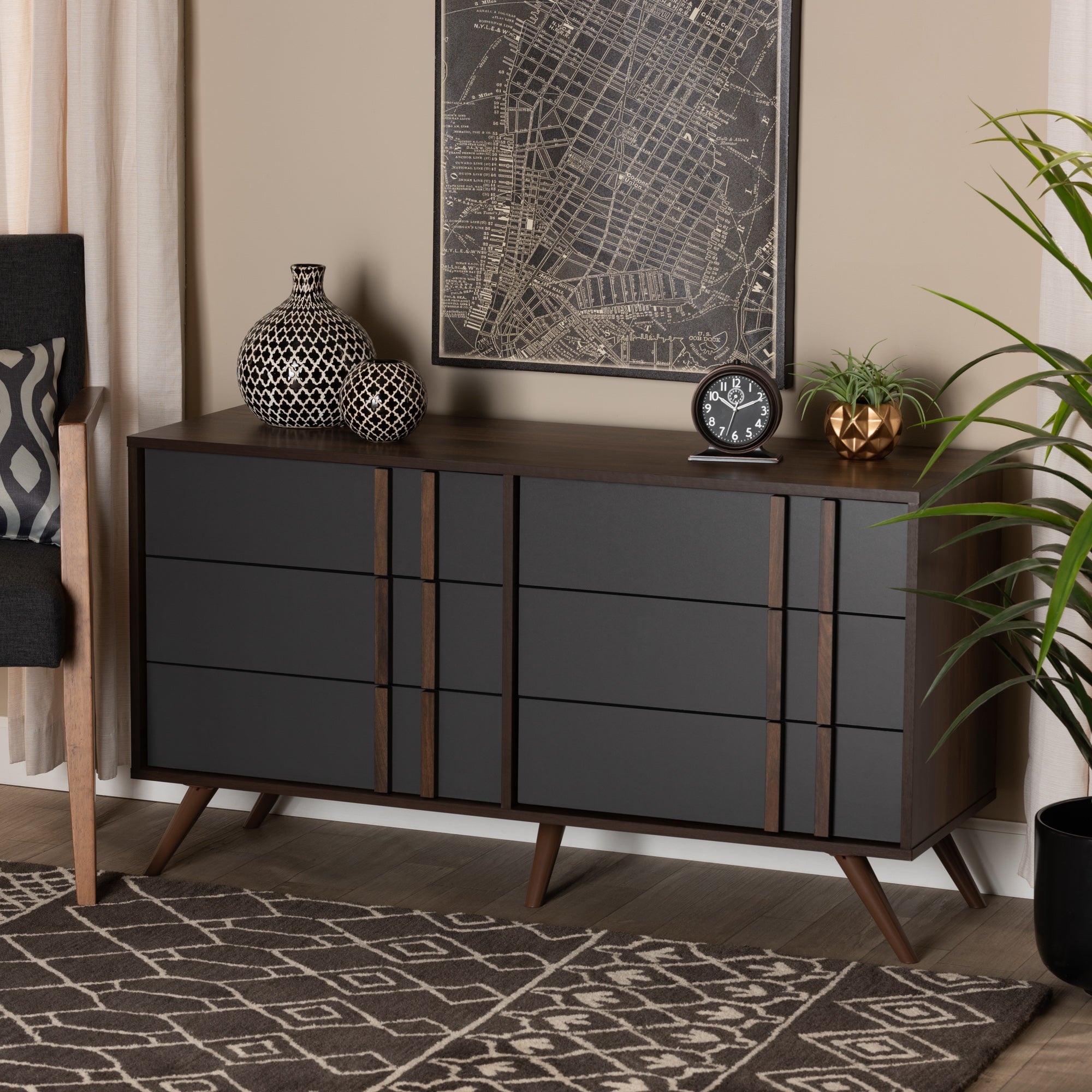 Naoki Modern and Contemporary Two-Tone Grey and Walnut Finished Wood 6-Drawer Bedroom Dresser