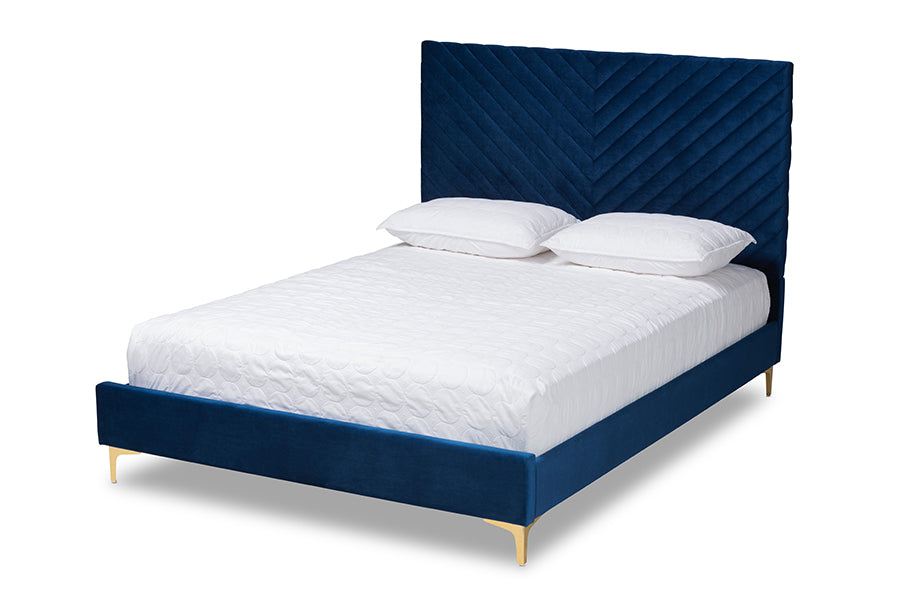 Fabrico Contemporary Queen Size Platform Bed Upholstered in Navy Blue Velvet Fabric with Gold Metal