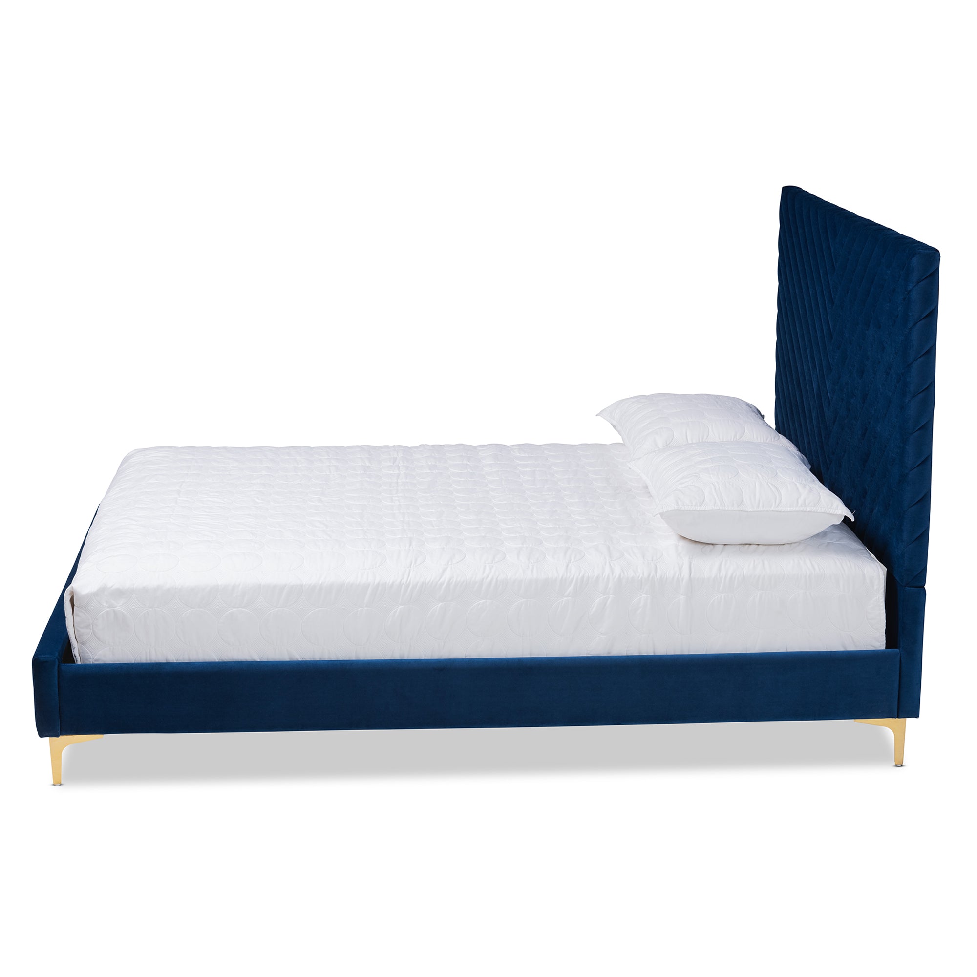 Fabrico Contemporary Queen Size Platform Bed Upholstered in Navy Blue Velvet Fabric with Gold Metal