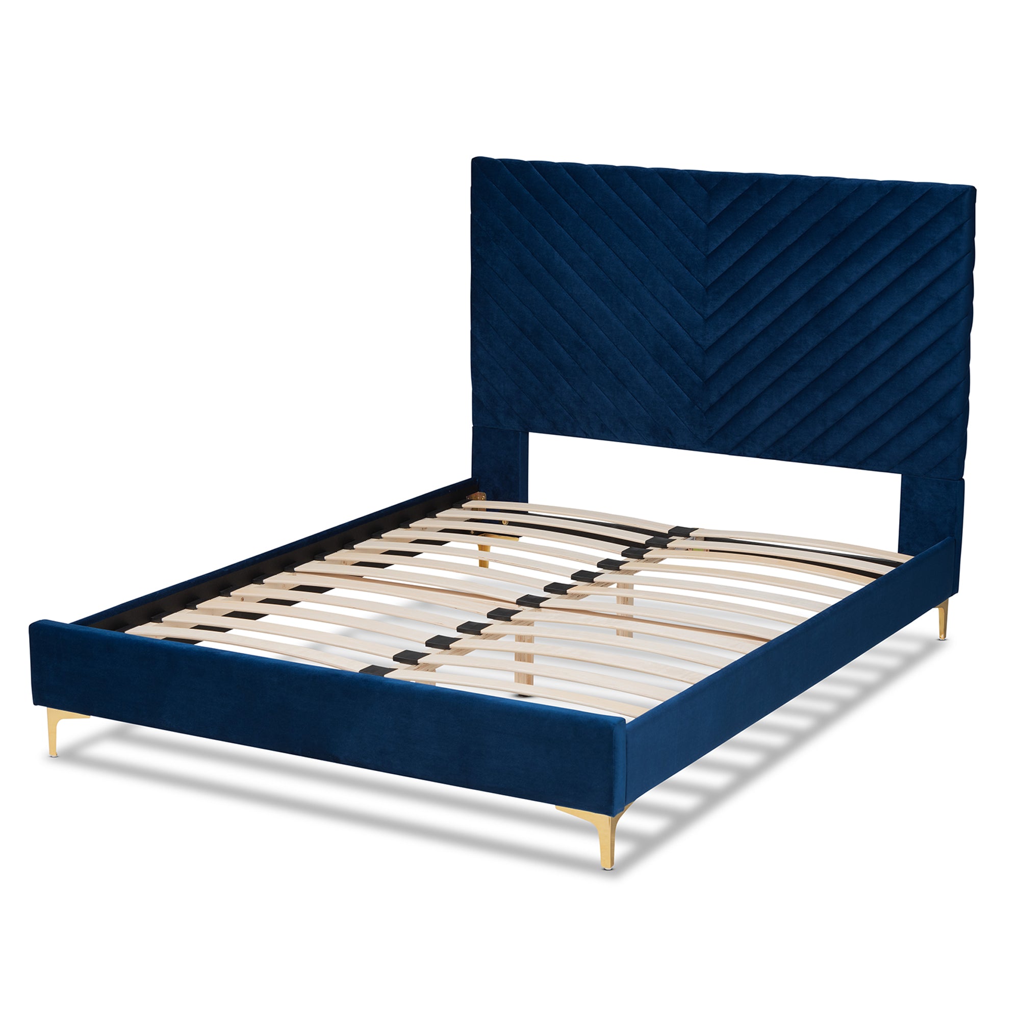 Fabrico Contemporary Queen Size Platform Bed Upholstered in Navy Blue Velvet Fabric with Gold Metal