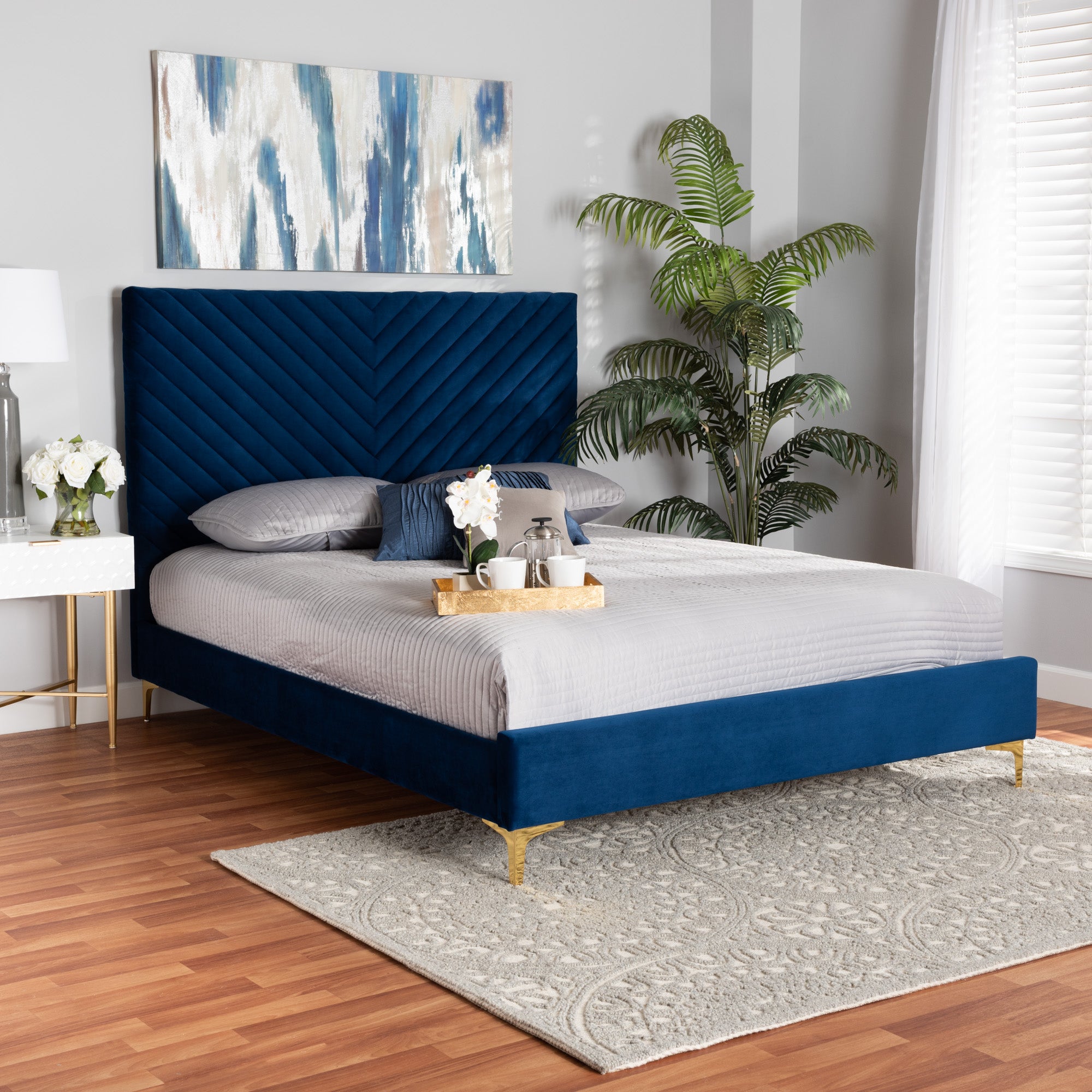Fabrico Contemporary Queen Size Platform Bed Upholstered in Navy Blue Velvet Fabric with Gold Metal