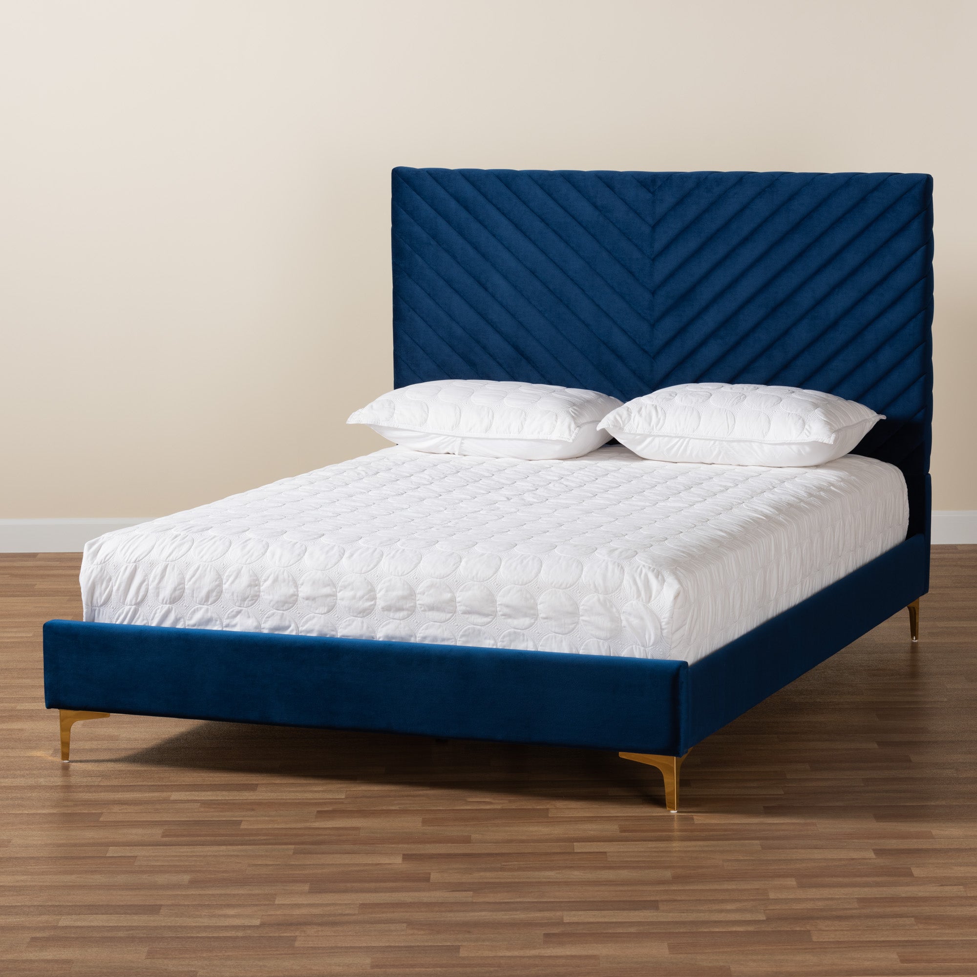 Fabrico Contemporary Queen Size Platform Bed Upholstered in Navy Blue Velvet Fabric with Gold Metal