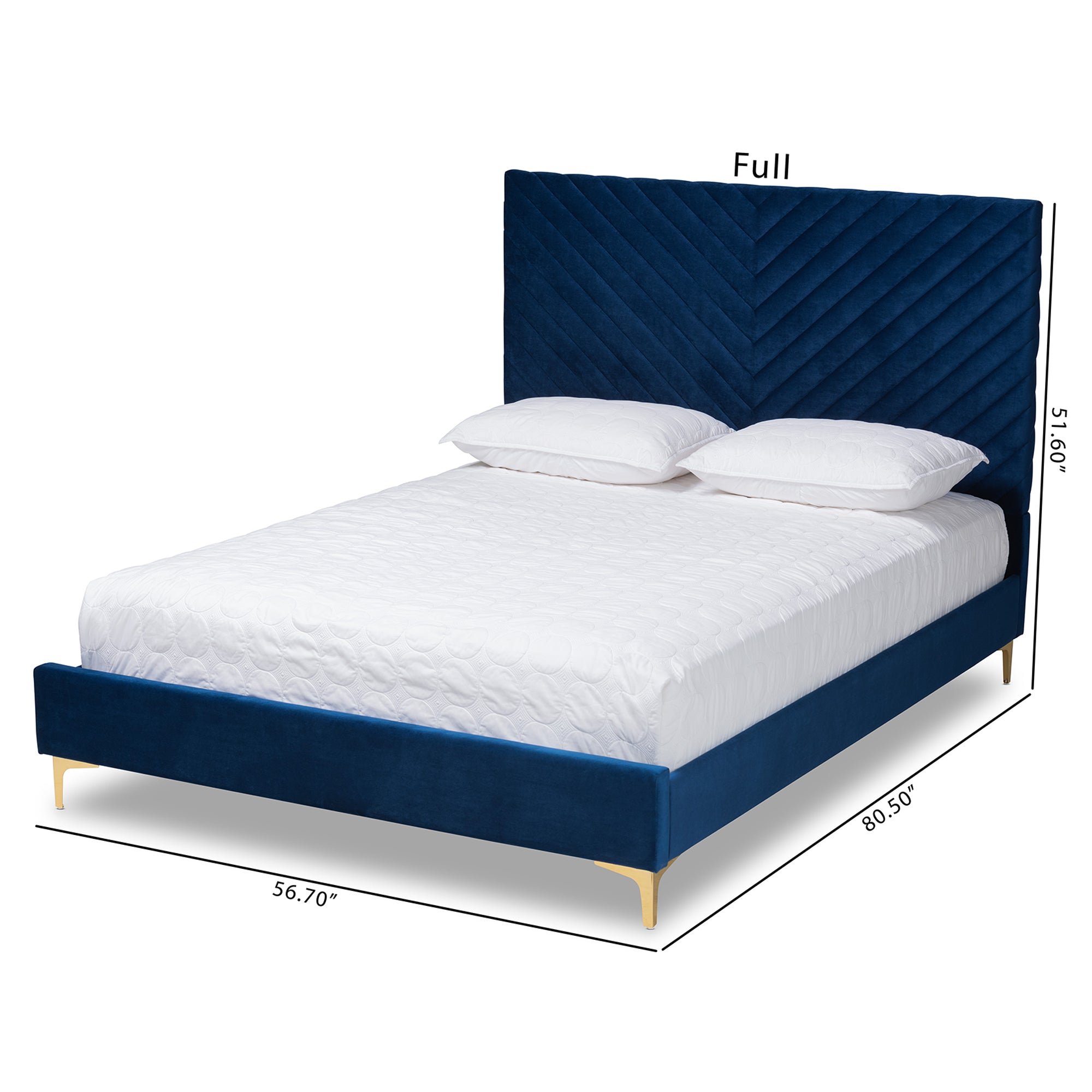 Fabrico Contemporary Queen Size Platform Bed Upholstered in Navy Blue Velvet Fabric with Gold Metal