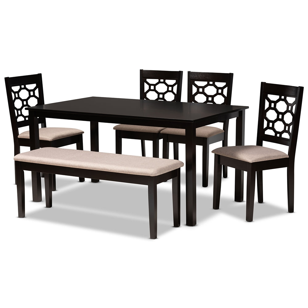 Gabriel Modern and Contemporary Sand Fabric Upholstered and Dark Brown Finished Wood 6-Piece Dining Set