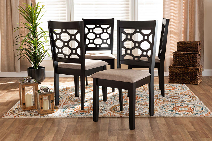 Peter Modern and Contemporary Sand Fabric Upholstered and Dark Brown Finished Wood 4-Piece Dining Chair Set