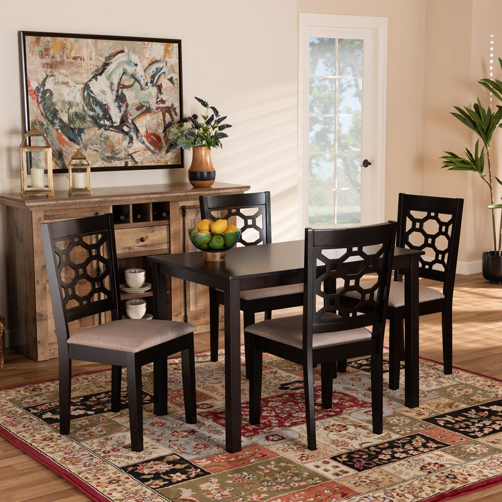 Henry Modern and Contemporary Sand Fabric Upholstered and Dark Brown Finished Wood 5-Piece Dining Set