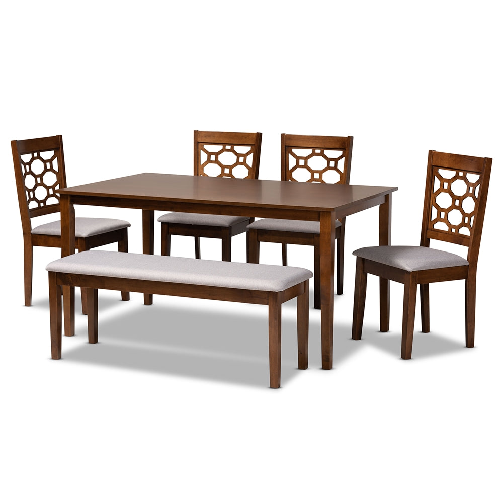 Gabriel Modern and Contemporary Grey Fabric Upholstered and Walnut Brown Finished Wood 6-Piece Dining Set