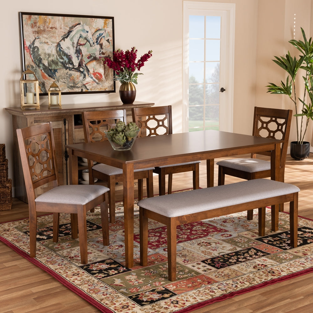 Gabriel Modern and Contemporary Grey Fabric Upholstered and Walnut Brown Finished Wood 6-Piece Dining Set