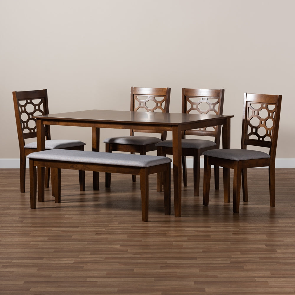 Gabriel Modern and Contemporary Grey Fabric Upholstered and Walnut Brown Finished Wood 6-Piece Dining Set