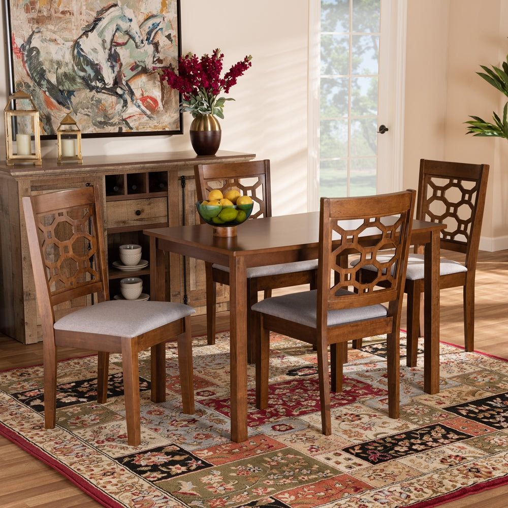 Henry Modern and Contemporary Grey Fabric Upholstered and Walnut Brown Finished Wood 5-Piece Dining Set