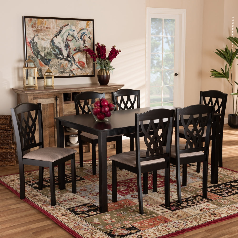 Salem Modern and Contemporary Sand Fabric Upholstered and Dark Brown Finished Wood 7-Piece Dining Set