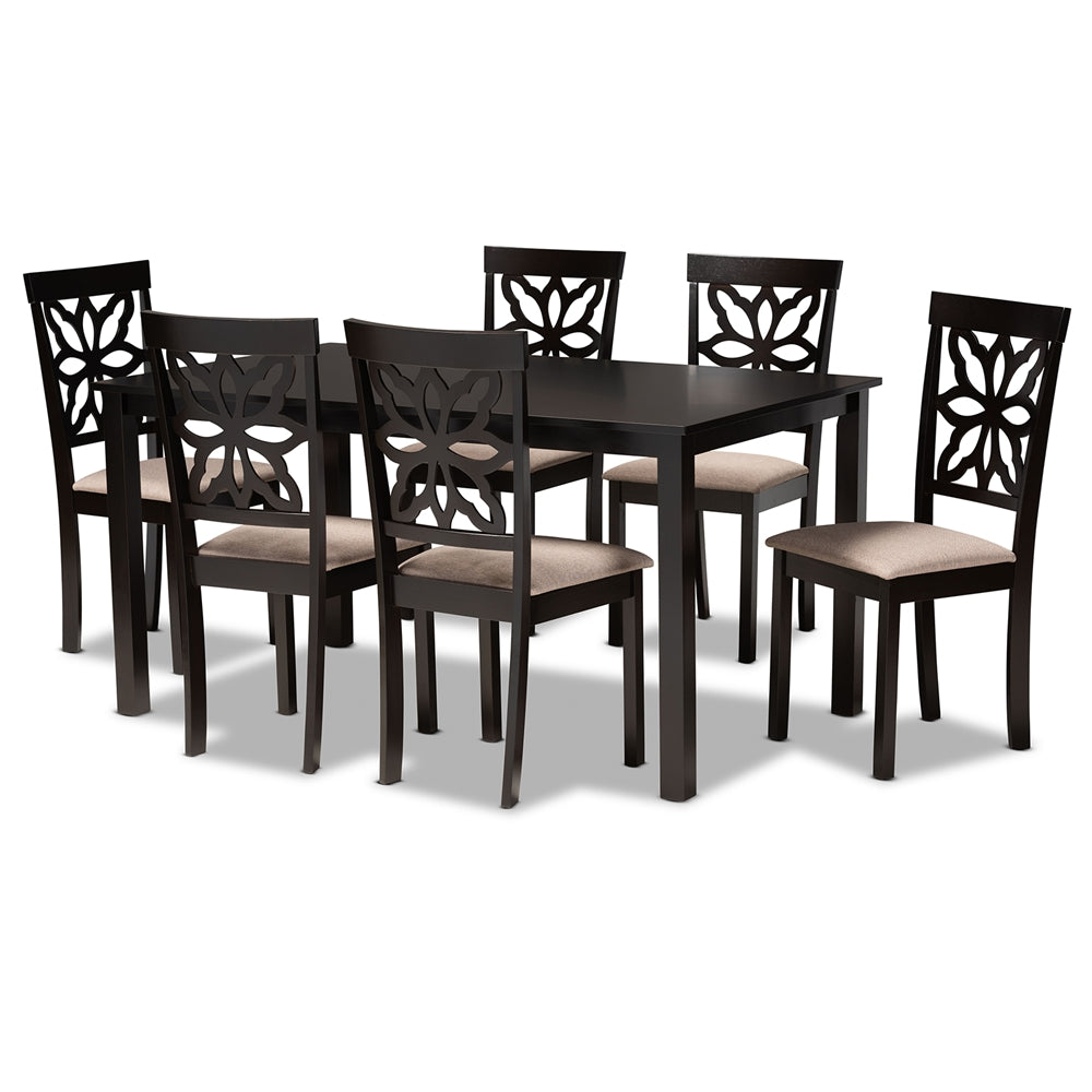 Dallas Modern and Contemporary Sand Fabric Upholstered and Dark Brown Finished Wood 7-Piece Dining Set