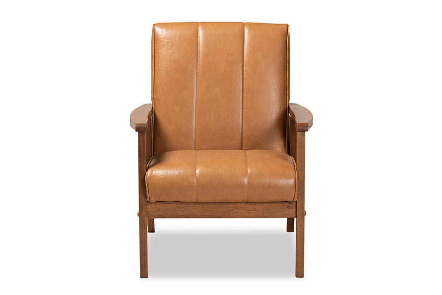 Nikko Mid-century Modern Tan Faux Leather Upholstered and Walnut Brown finished Wood Lounge Chair