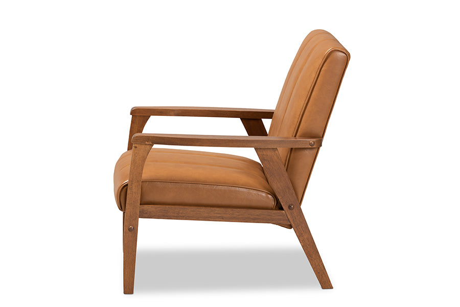 Nikko Mid-century Modern Tan Faux Leather Upholstered and Walnut Brown finished Wood Lounge Chair