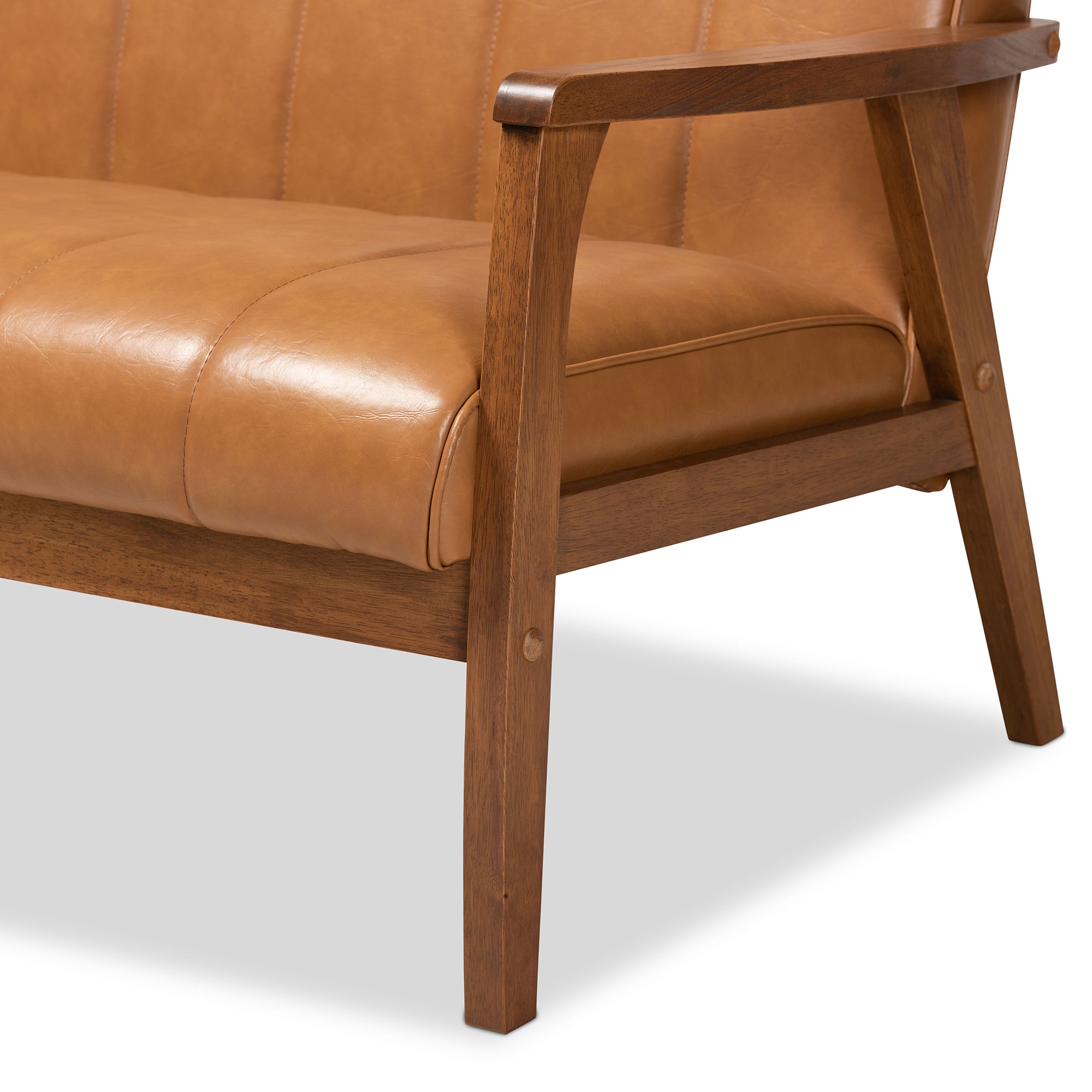 Nikko Mid-century Modern Tan Faux Leather Upholstered and Walnut Brown finished Wood Loveseat
