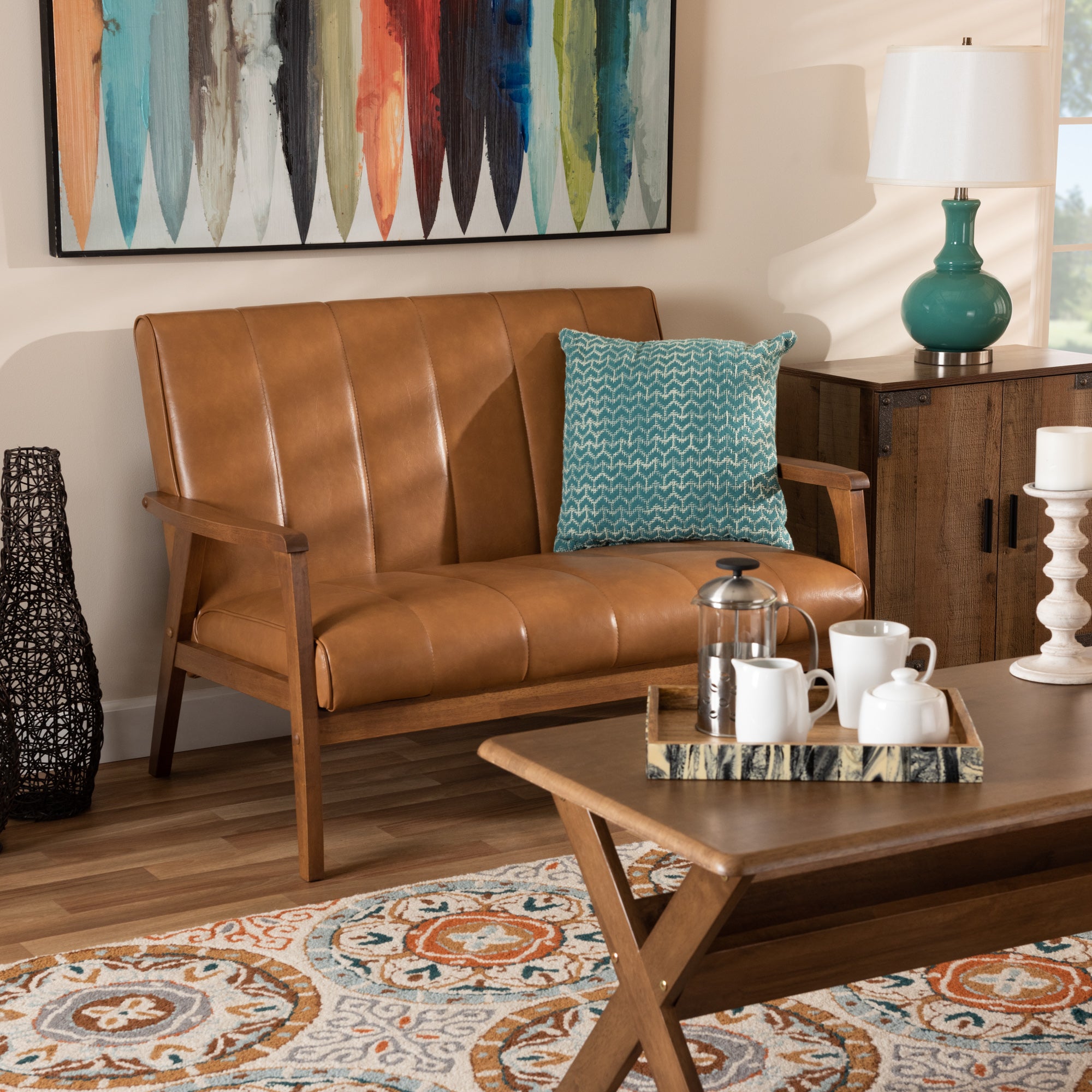 Nikko Mid-century Modern Tan Faux Leather Upholstered and Walnut Brown finished Wood Loveseat