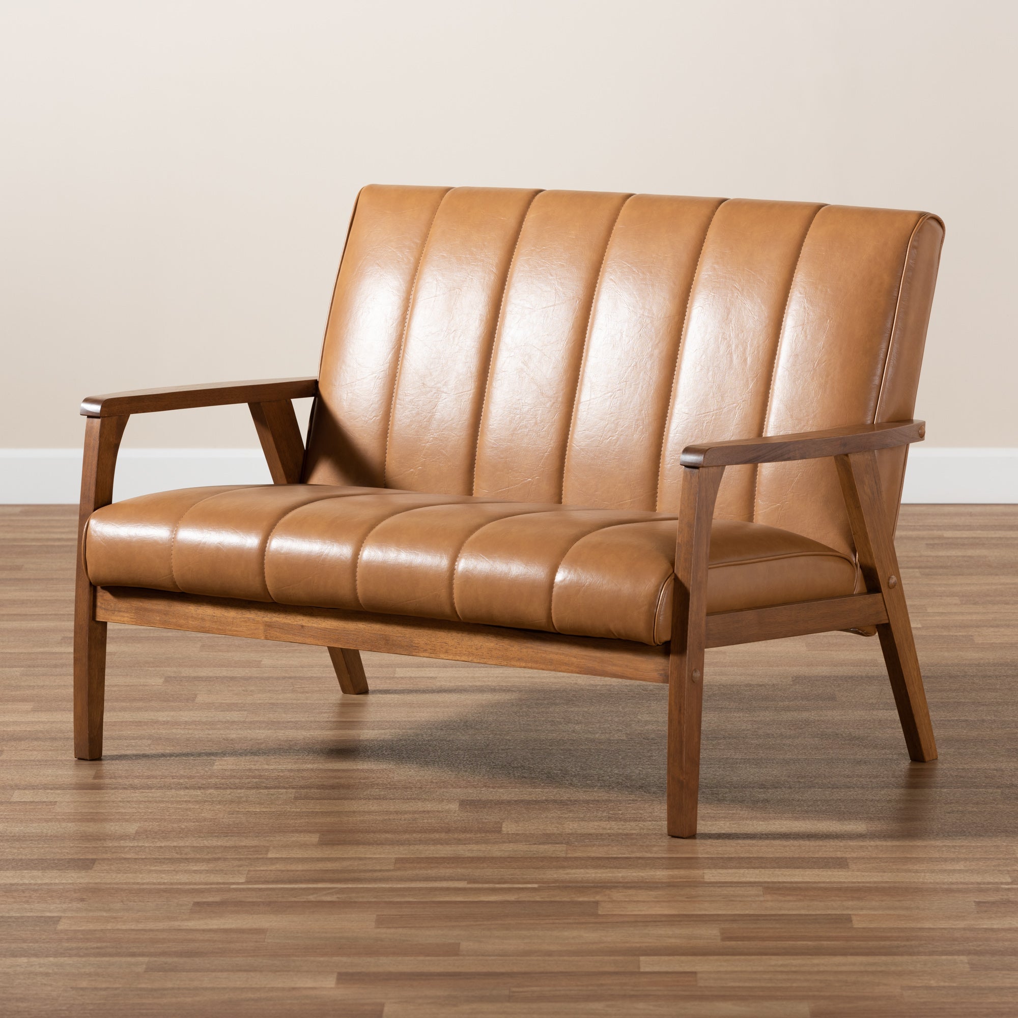 Nikko Mid-century Modern Tan Faux Leather Upholstered and Walnut Brown finished Wood Loveseat