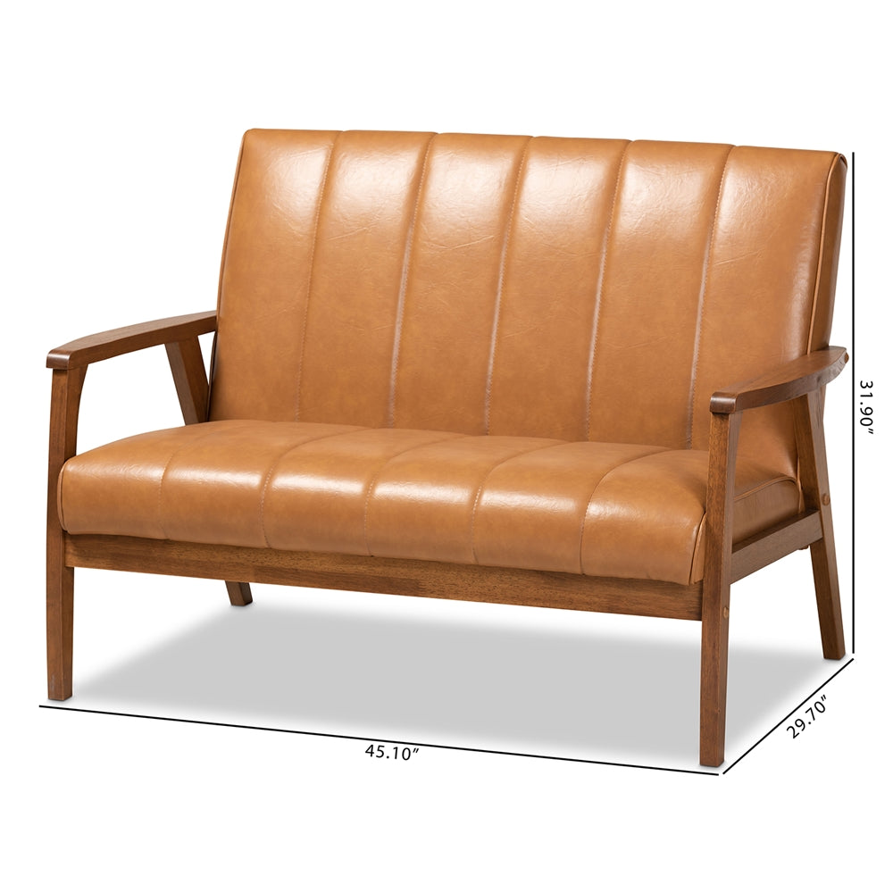 Nikko Mid-century Modern Tan Faux Leather Upholstered and Walnut Brown finished Wood Loveseat