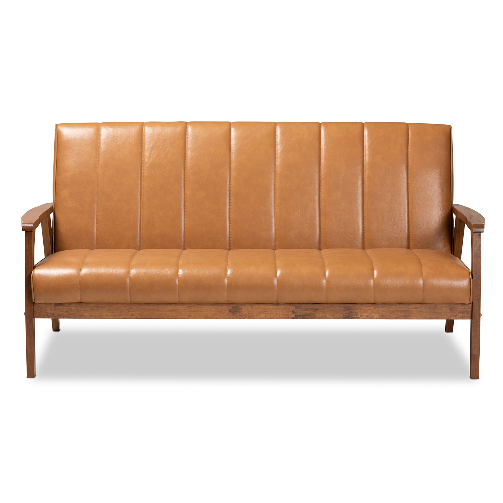 Nikko Mid-century Modern Tan Faux Leather Upholstered and Walnut Brown finished Wood Sofa