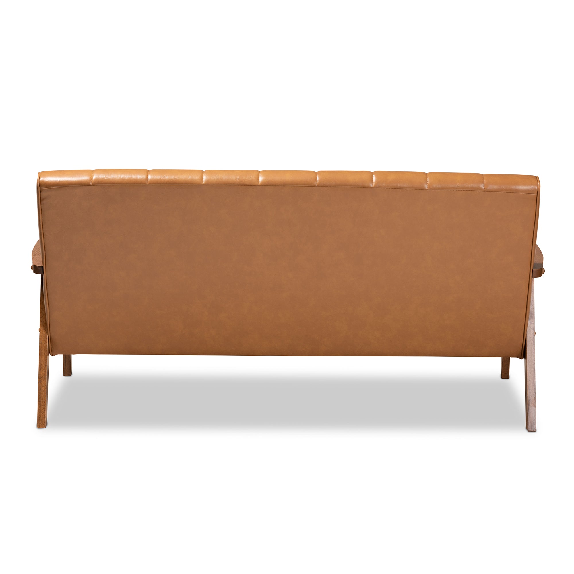 Nikko Mid-century Modern Tan Faux Leather Upholstered and Walnut Brown finished Wood Sofa
