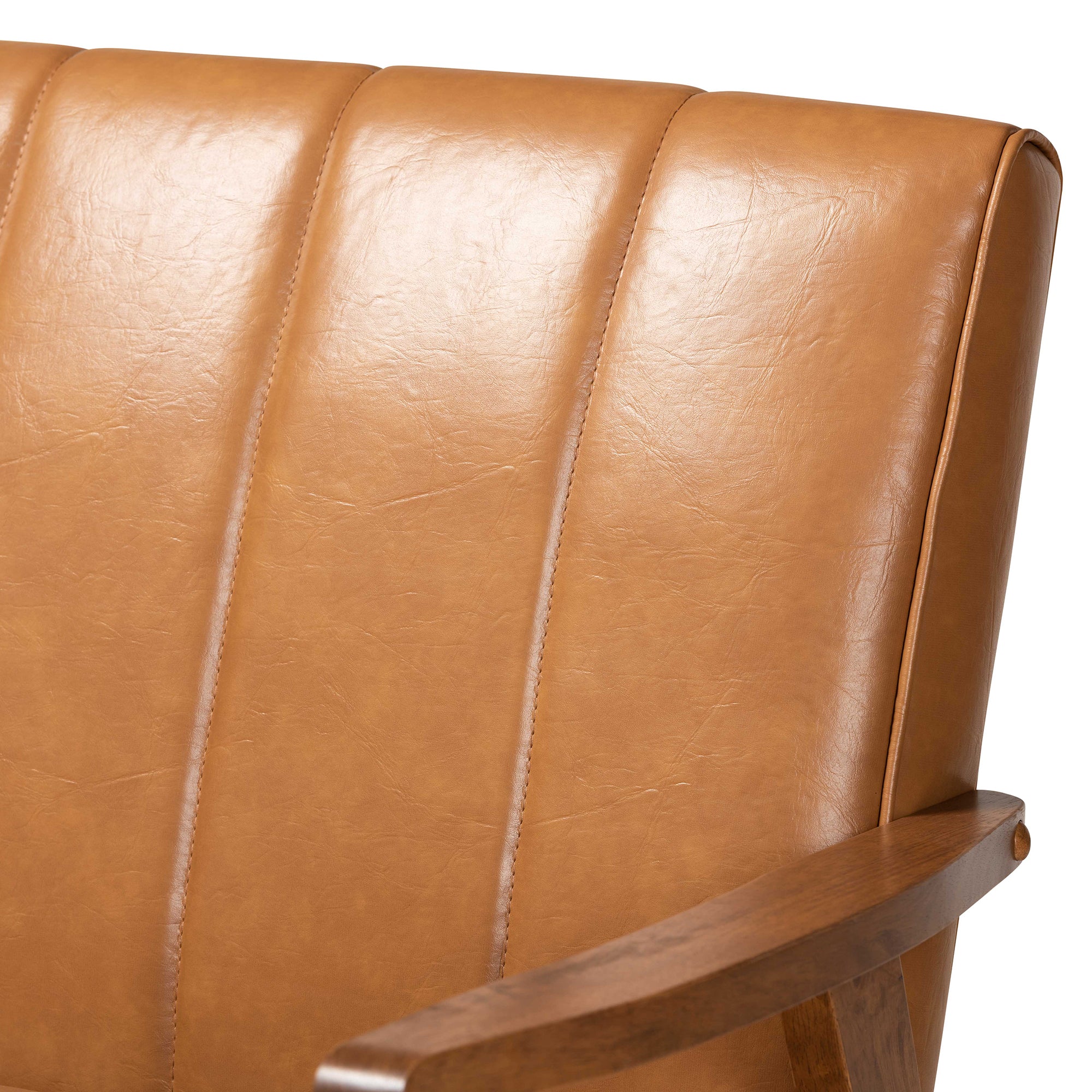 Nikko Mid-century Modern Tan Faux Leather Upholstered and Walnut Brown finished Wood Sofa