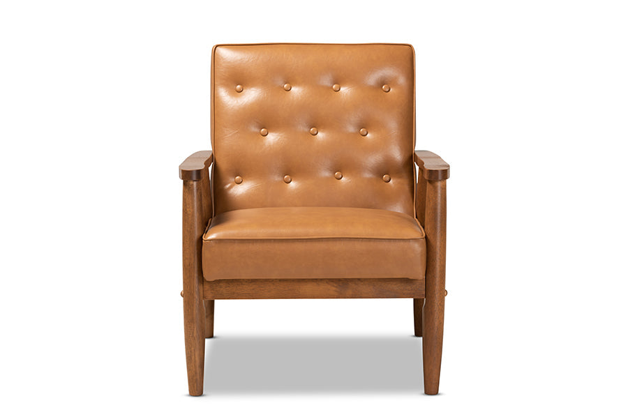 Sorrento Mid-Century Modern Tan Faux Leather Upholstered and Walnut Brown Finished Wood Lounge Chair