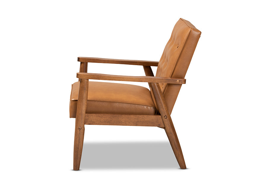 Sorrento Mid-Century Modern Tan Faux Leather Upholstered and Walnut Brown Finished Wood Lounge Chair
