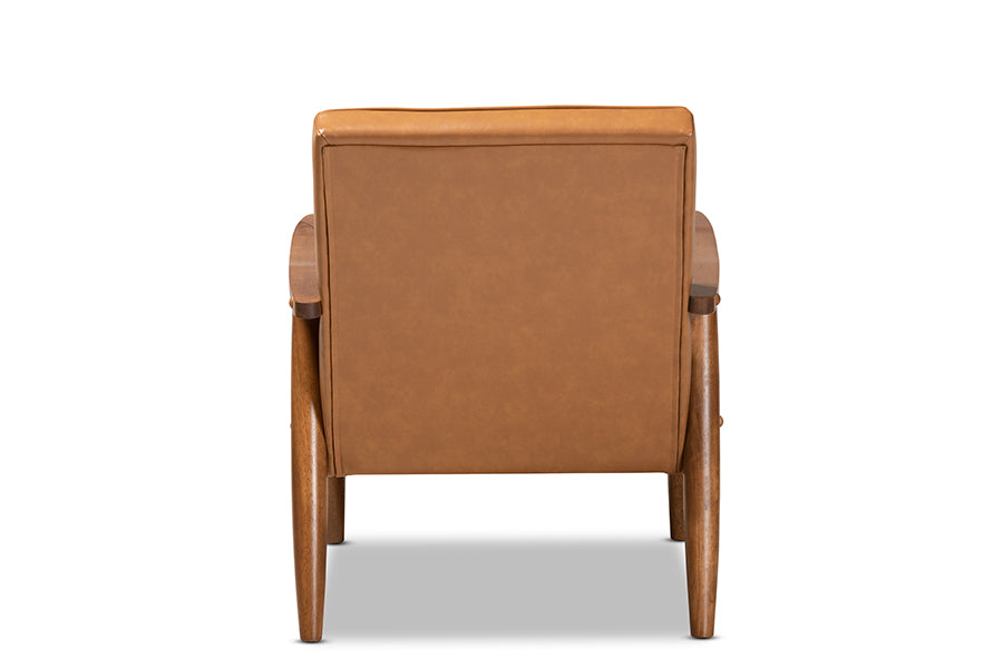 Sorrento Mid-Century Modern Tan Faux Leather Upholstered and Walnut Brown Finished Wood Lounge Chair