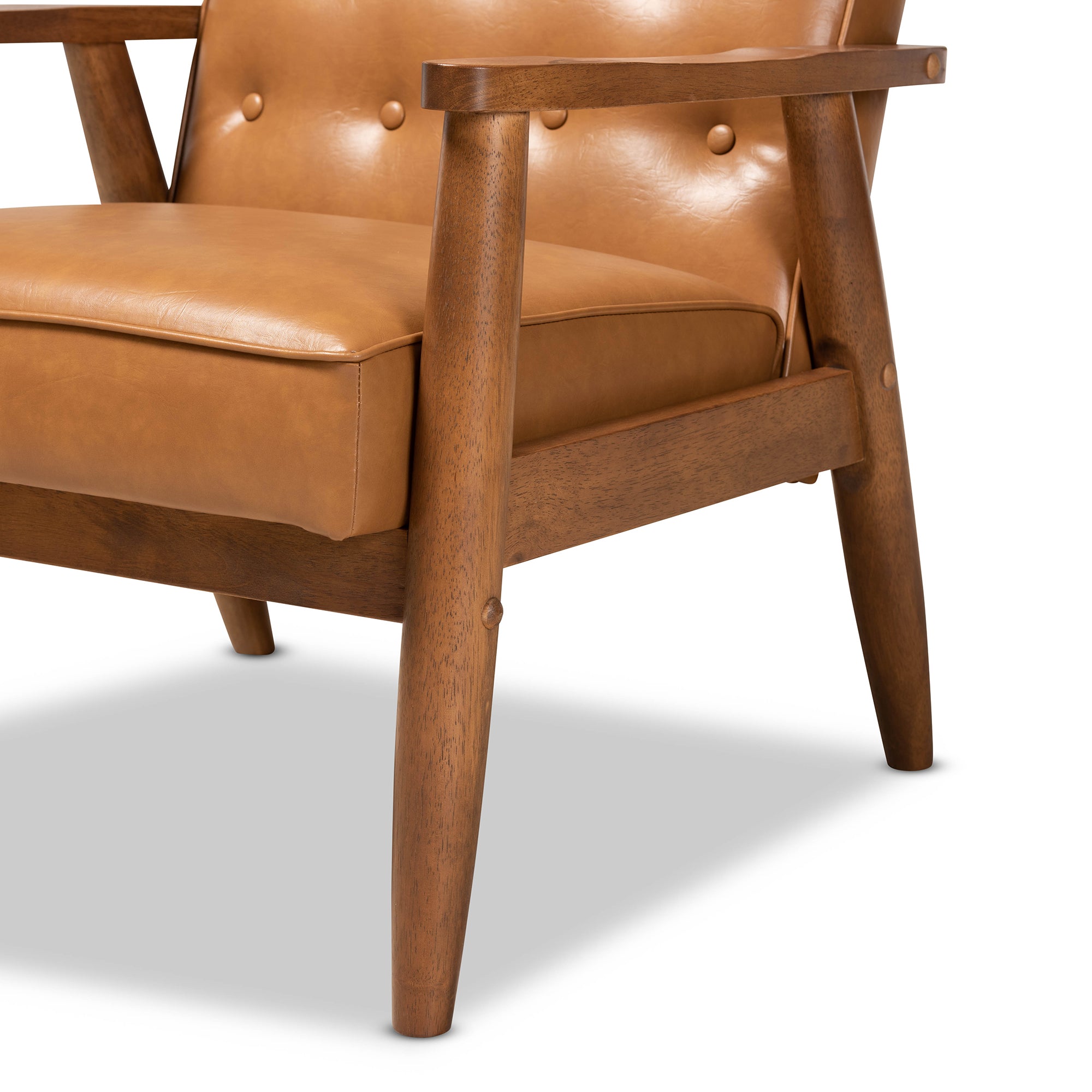 Sorrento Mid-Century Modern Tan Faux Leather Upholstered and Walnut Brown Finished Wood Lounge Chair
