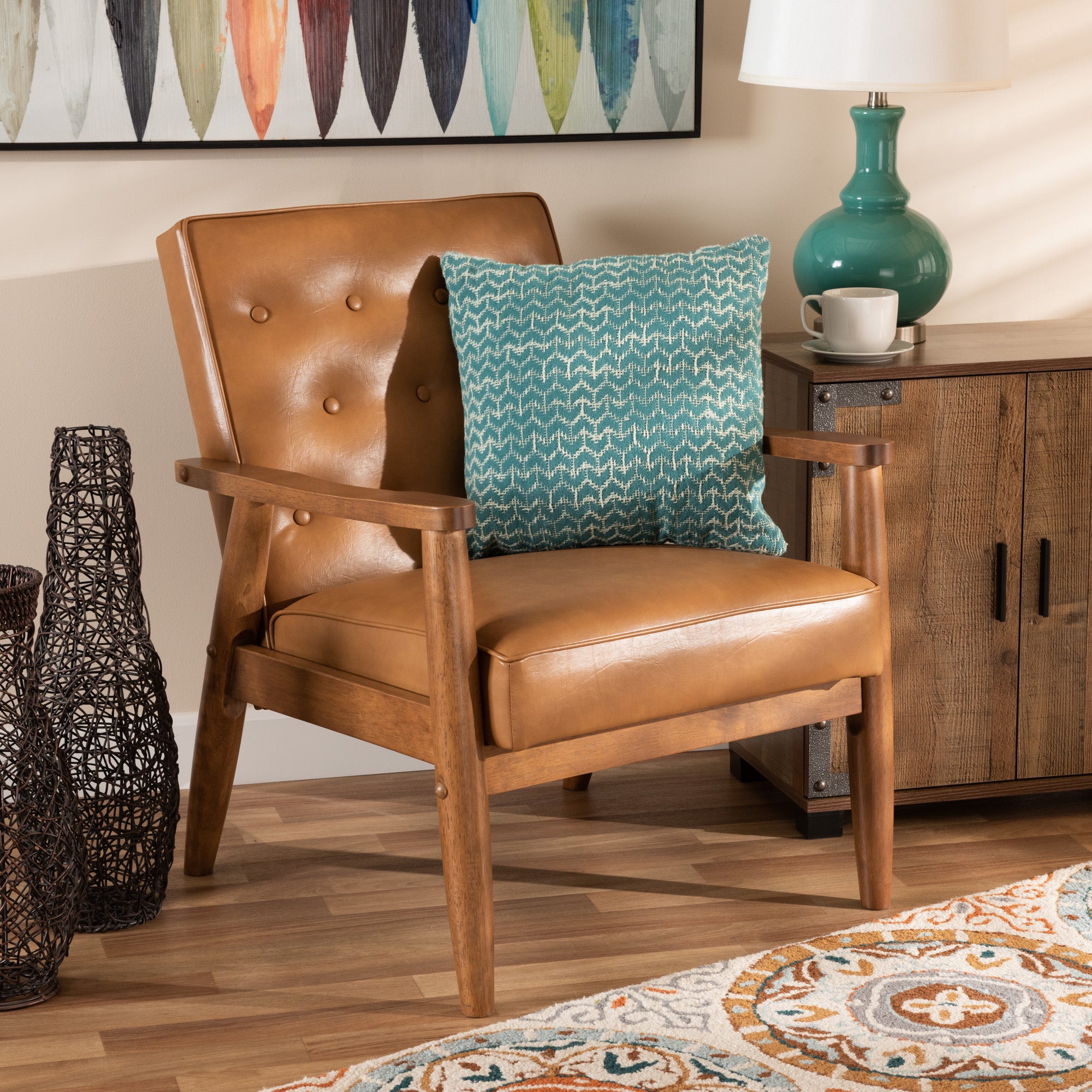Sorrento Mid-Century Modern Tan Faux Leather Upholstered and Walnut Brown Finished Wood Lounge Chair
