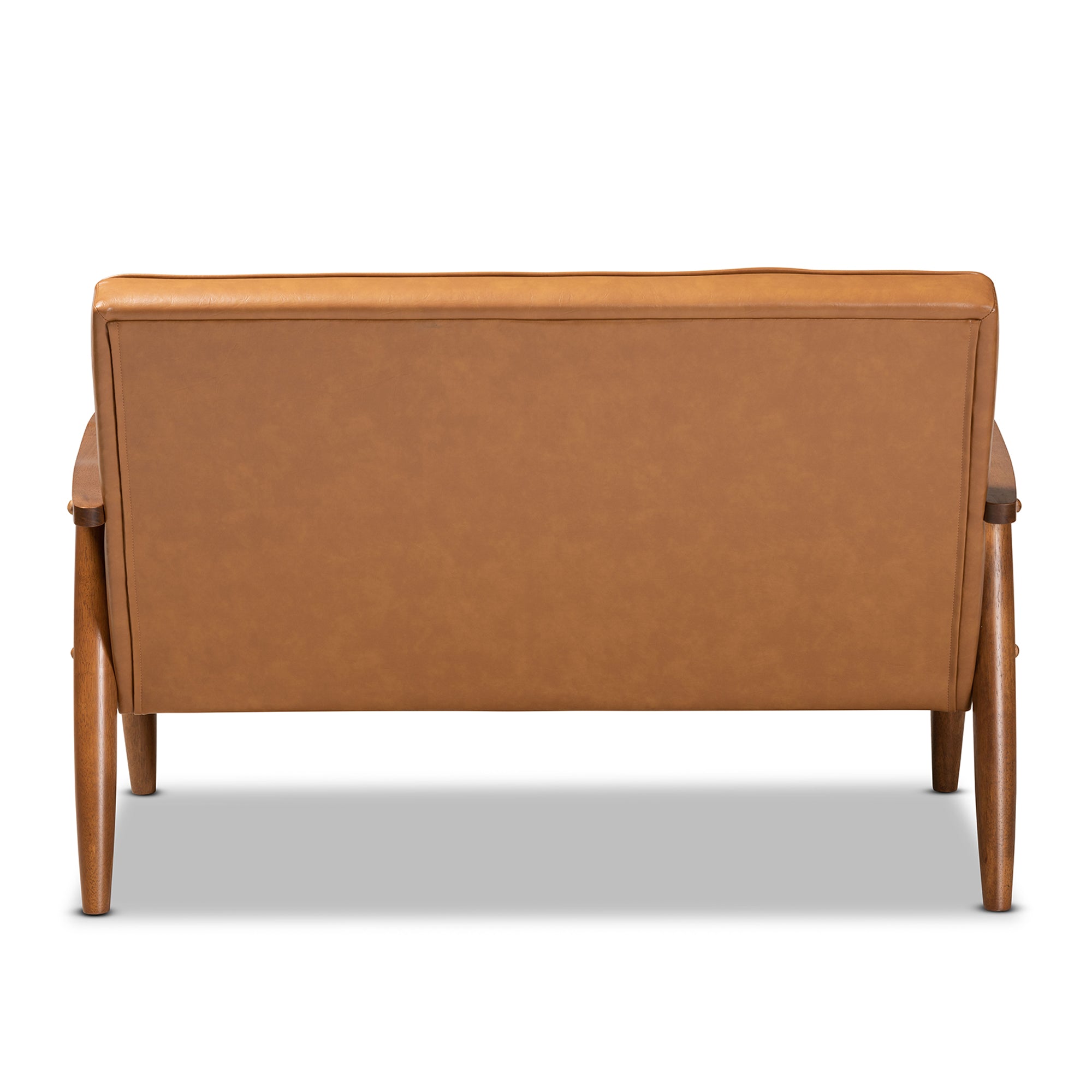 Sorrento Mid-Century Modern Tan Faux Leather Upholstered and Walnut Brown Finished Wood Loveseat