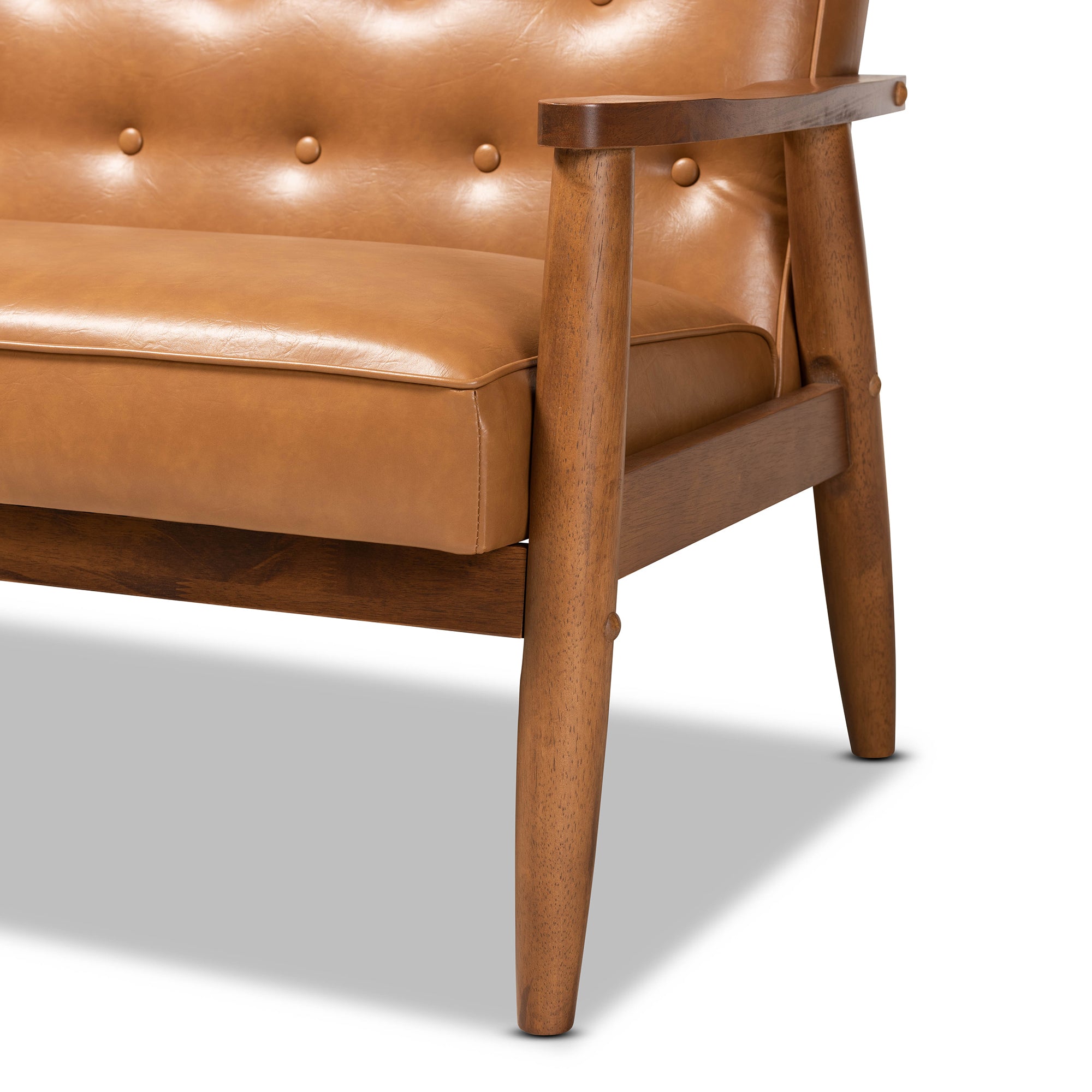 Sorrento Mid-Century Modern Tan Faux Leather Upholstered and Walnut Brown Finished Wood Loveseat
