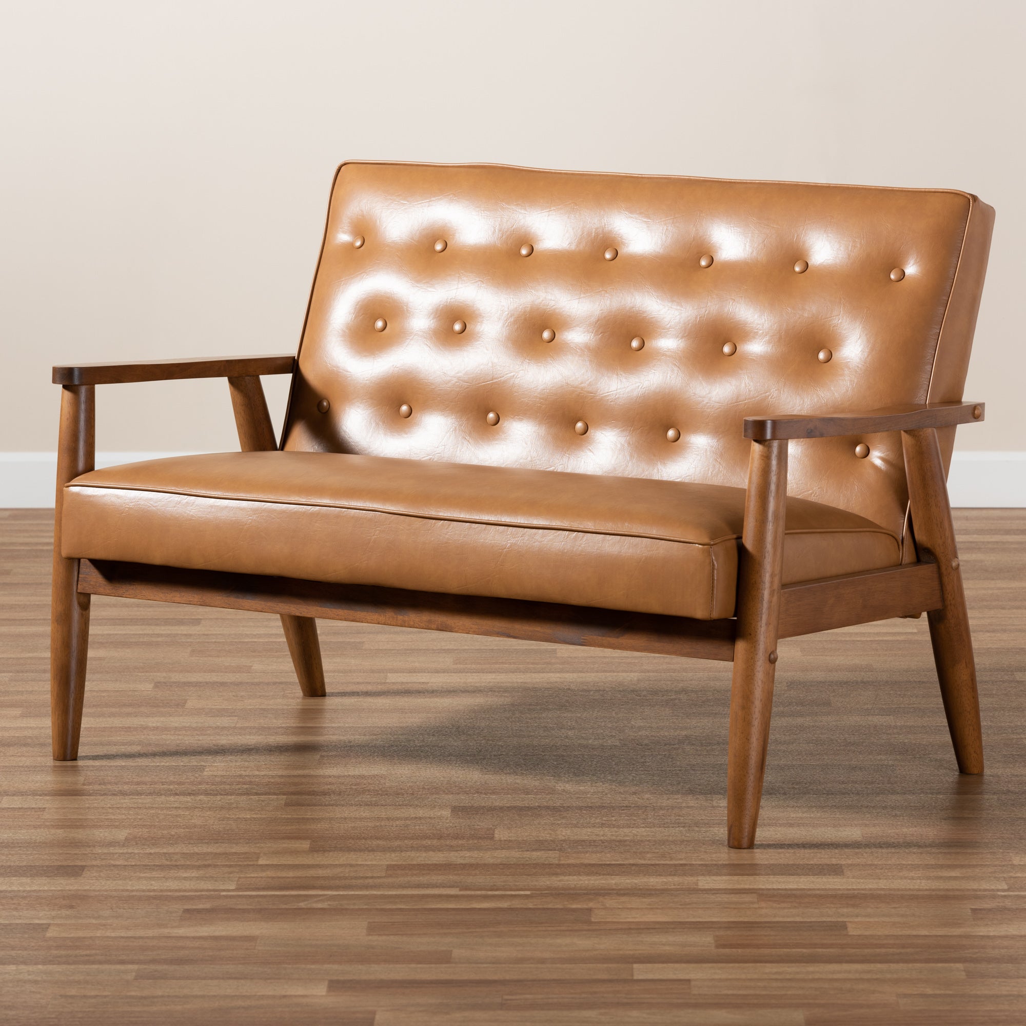 Sorrento Mid-Century Modern Tan Faux Leather Upholstered and Walnut Brown Finished Wood Loveseat