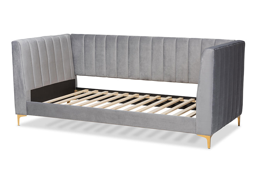 Oksana Twin Daybed Contemporary Light Grey Velvet & Gold Finish