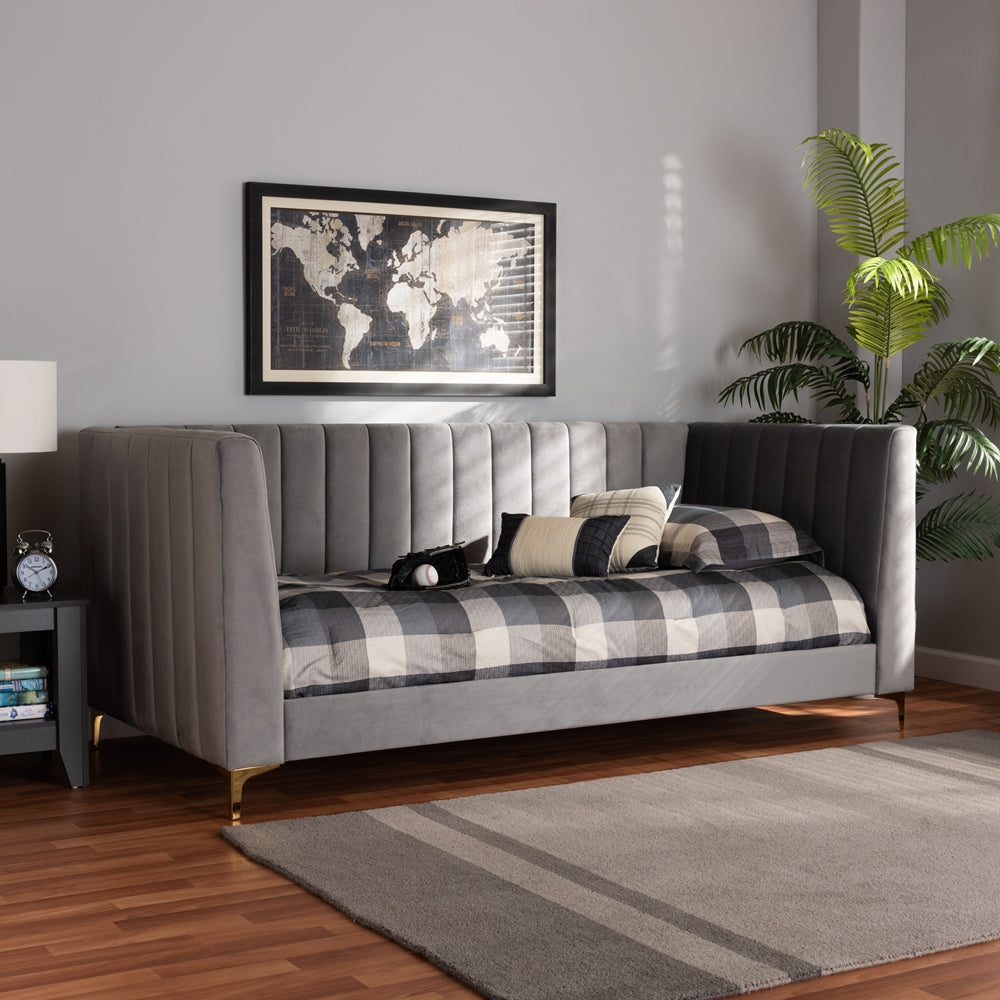 Oksana Twin Daybed Contemporary Light Grey Velvet & Gold Finish