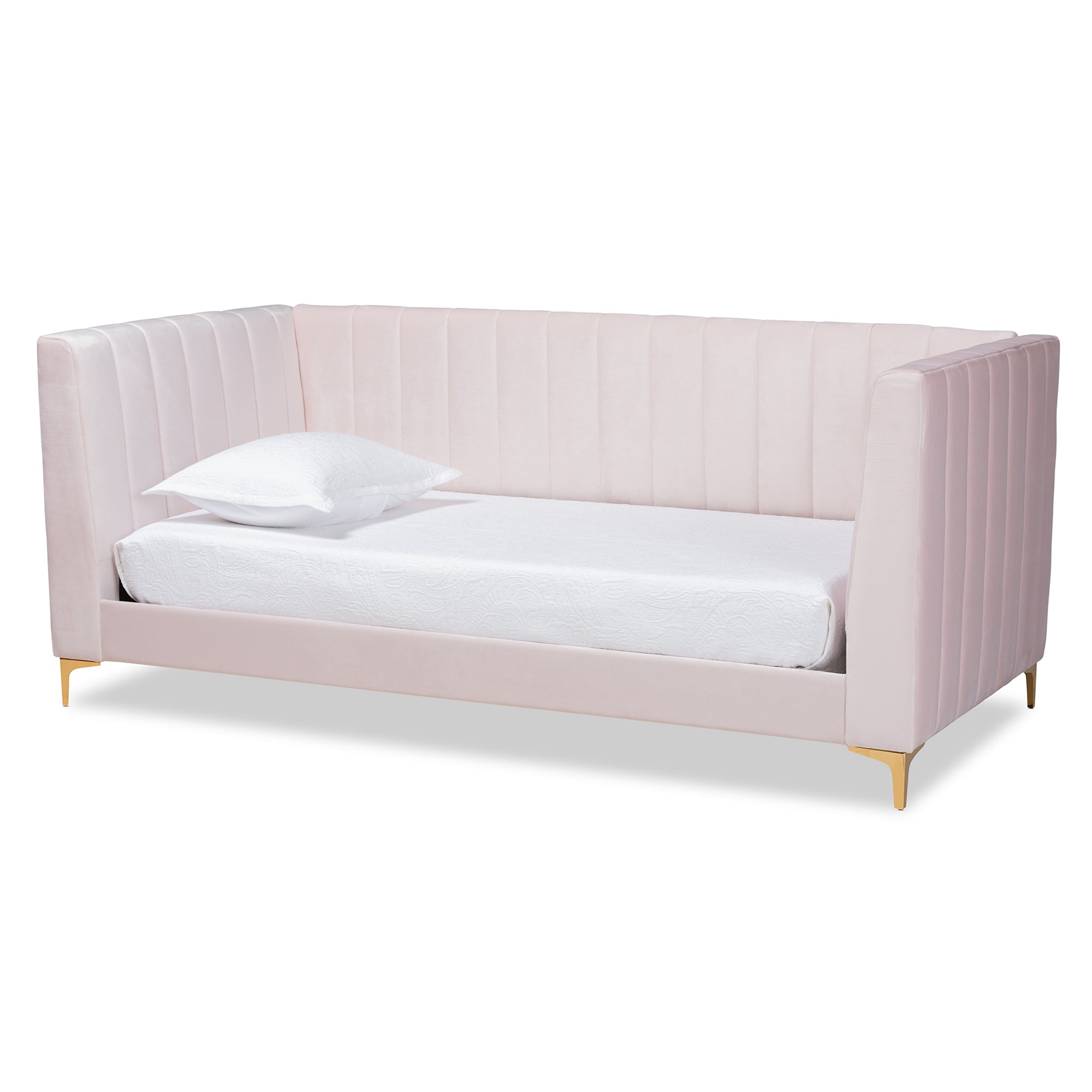 Oksana Modern Contemporary Light Pink Velvet Fabric Upholstered and Gold Finished Twin Size Daybed